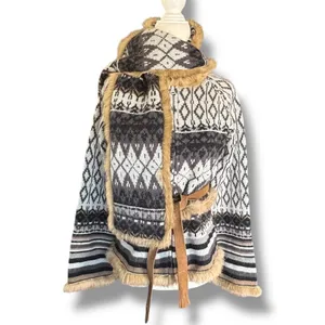 Vintage Y2K Fair Isle Shetland Wool Knit Cardigan Rabbit Fur Trim Belted Scarf‎ thumbnail 4
