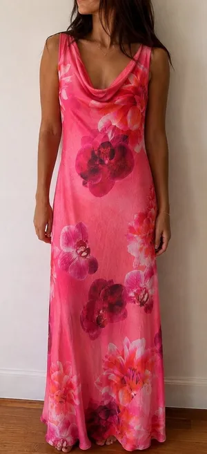 Paper Heart Pink Orchid Floral Cowl Neck Maxi Dress Small Romantic Resort Fairy thumbnail 1
