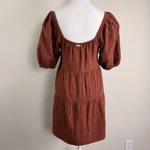 Billabong Fall For Ya Brown Cotton Gauze Tiered Puff Sleeve Mini Dress NWT Small thumbnail 4