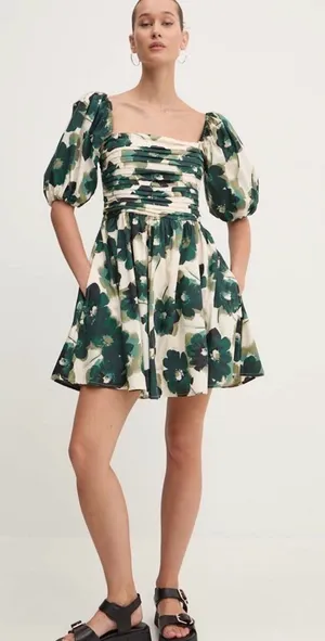 Abercrombie & Fitch Cream Mini Dress with Green Floral Print thumbnail 1