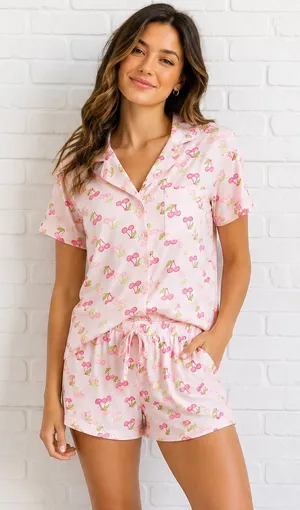 NWT Star Dust two piece short sleeve shorts cherry pajama set size medium thumbnail 1