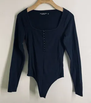 Abercrombie & Fitch Rib Hook Front Bodysuit Black Long Sleeve S Square Neck thumbnail 1