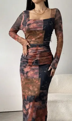 SheIn Women's Mesh Bodycon Maxi Dress M Floral‎ Square Neck Fairy Grunge Whimsigoth thumbnail 1