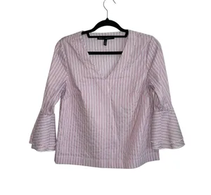 White House | Black Market White & Pink Striped Bell Sleeve V-neck Popover Top thumbnail 1