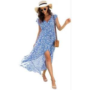 Grecerelle Blue & White Floral Print V-Neck Short Sleeve High Low Maxi Dress thumbnail 2