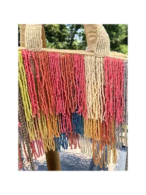 Beaded Multicolor Cream Fringe Bag Viral Beaded Statement Bag Marshall's NWT thumbnail 2