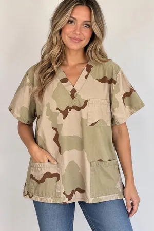 Desert Camouflage Scrub Top V-Neck 3 Pocket Tan Brown Green thumbnail 1