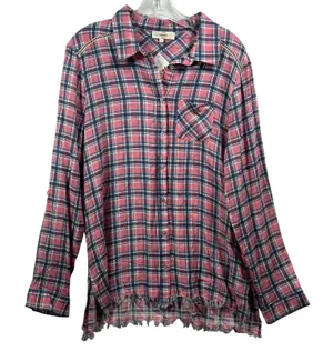 Entro Pink Navy Plaid Button Down Shirt Crochet Lace Frayed Hem‎ T6382 Large thumbnail 1
