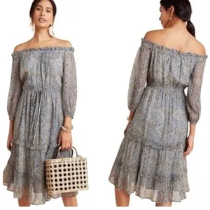 Anthropologie Blue Floral Kira Smocked Off The Shoulder Boho Peasant Dress thumbnail 2