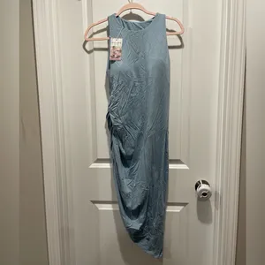 Halara Casual Dress Ruched Asymmetric Hem Size Large Bodycon Mini Blue Tank thumbnail 5