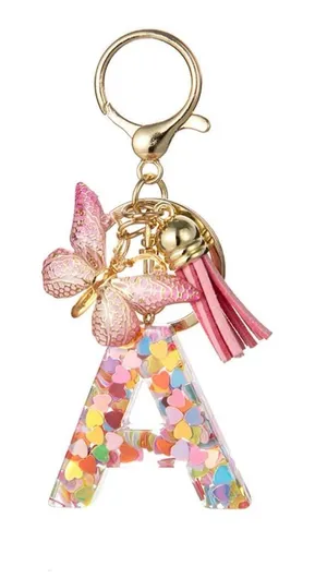 Yika Letter A Initial Keychain Resin Charm w/ Butterfly Tassel Pendant Pink NWOT thumbnail 1