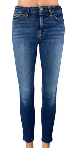 7 for All Mankind Blair Women's Blue Frayed Mid Rise Skinny Denim Jeans Pants S thumbnail 1