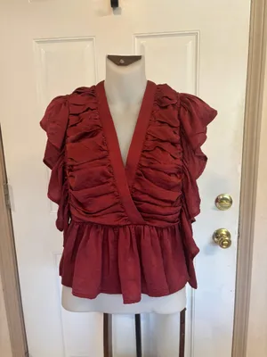 Large Entro solid burgundy ruched/ruffled peplum flutter sleeveless top. thumbnail 3