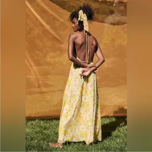 NWT Lulus Feeling Splendid Yellow and Green Floral Print Halter Maxi Dress L thumbnail 3