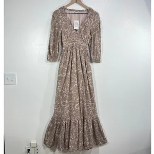 Nations of Peace Paisley‎ Maxi Dress Womens XS Brown Cotton Smocked Boho Tiered thumbnail 2