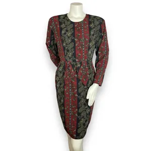 Vintage Dress 80s Pencil Petal Hip‎ Skirt Layer Striped Floral Women Retro Black thumbnail 3