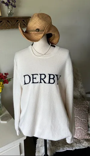 Vineyard Vines Kentucky Derby Cream navy 100% Cashmere crew neck sweater XL thumbnail 1