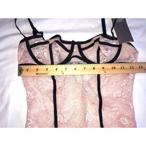 Coquette Pink Lace Bodysuit Contrast Black Piping Teddy Corset Top Y2K Dollette thumbnail 2