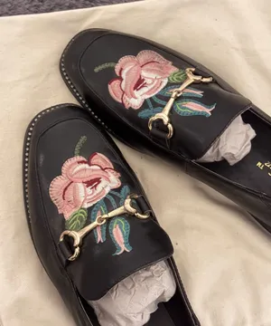 Black Leather Floral Embroidered Slip-On Loafers thumbnail 1