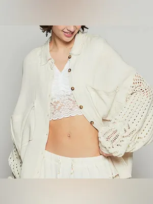 POL Openwork Crochet Lantern Sleeve Cotton Gauze Oversized Button Shirt Jacket thumbnail 11