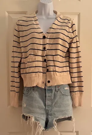 MOD REF Striped Beige Cropped Knit Cardigan Sweater thumbnail 1