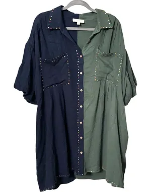 Peach Love California Color Block Gauze Shirt Dress Studded Oversized L-3X thumbnail 1