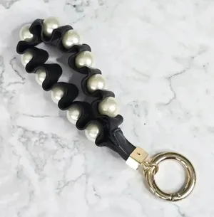 Black Faux Leather Pearl Accent Circle Clip Hook Wristlet‎ Keychain thumbnail 1