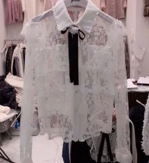 Korean White Lace Ruffle Tiered Layered Coco Flower Pin Blouse Shirt Top thumbnail 3