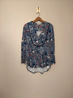 Tory Burch Long Sleeve Blue Silk Floral Butterfly Blouse Size XL thumbnail 2