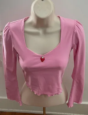 Dolls Kill Sugar Thrillz From Take A Bite Pink Strawberry Charm Flare Sleeve Crop Top, size S thumbnail 1