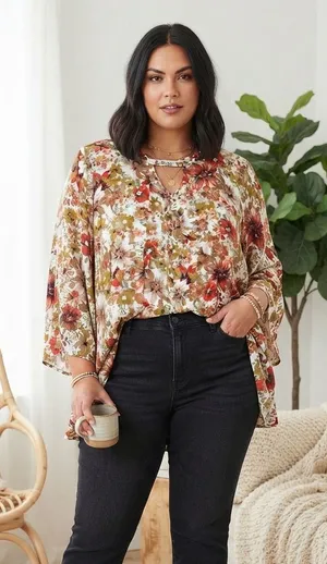 Umgee Floral Bell-Sleeve Blouse in Cream, Rust & Olive thumbnail 1