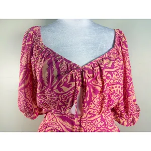 Sienna Sky Tropical‎ Puff Sleeve Dress Womens Medium Pink Excellent Smocked Back thumbnail 7