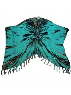 Boho Teal Turquoise Tie Dye Asymmetrical Fringe Kimono Poncho Wrap Cover Up thumbnail 4