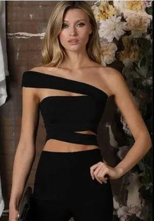 Unbranded New Black Bandage Cut Out Crop Top thumbnail 1