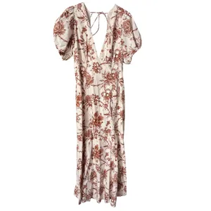 Abercrombie‎ & Fitch Floral Puff Sleeve Slim Poplin Midi Dress Cream Rust Medium thumbnail 3