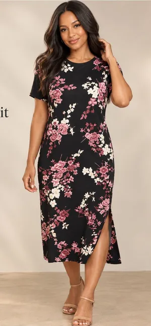 J.Jill Wearever Floral Stretch Knit Midi Dress Black Pink Size S thumbnail 1