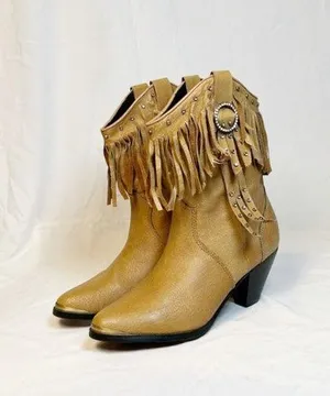Santa Fe Boot Co Tan Leather Studded Rhinestone Fringe Cowgirl Western Boots~9~ thumbnail 1