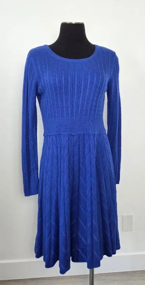 Eliza J Cobalt Blue Cable Knit Midi Dress Chevron Long Sleeve Modest Teacher M thumbnail 1