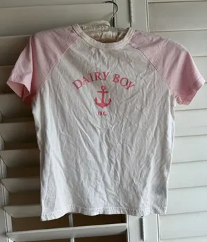 Dairy Boy Pink & White Raglan Graphic baby tee sz S thumbnail 1