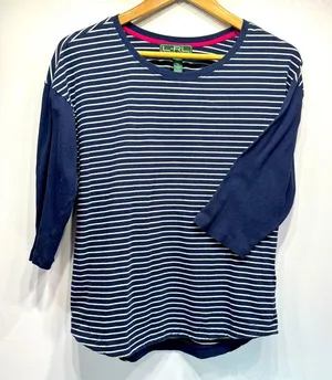 Lauren Active by Ralph Lauren Navy Blue & White Striped Jersey Top Nautical thumbnail 1