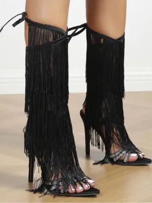 Cape Robbin Black Fringe Lace-Up Stiletto Sandals thumbnail 1