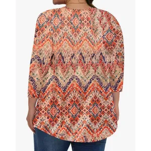 Womens Orange Ikat Geometric Print Tunic‎ Top 3/4 Sleeve Scoop Neck Boho Medium thumbnail 5