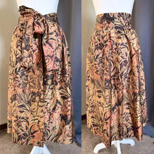 Handmade Tropical Wrap Midi Skirt Womens S Bronze‎ Olive Palm Leaf Pockets thumbnail 2