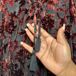 Shyanne Women Velvet Burnout Blouse Top XL Burgundy Floral Paisley Lace Up Sheer thumbnail 6