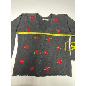 Victoria Jones VintageSweater Poinsettia Cardigan Beaded Christmas Grandma M thumbnail 4