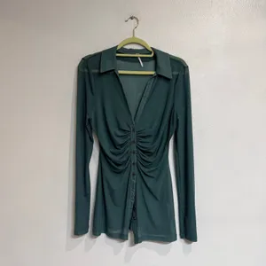 Free People Teal Sheer Mesh Ruched Button Front Long Sleeve Top Sz M thumbnail 2