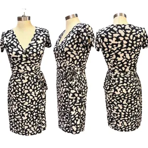 LOFT XS Animal Print Faux Wrap Dress Black White Short Sleeve Stretch Career thumbnail 2