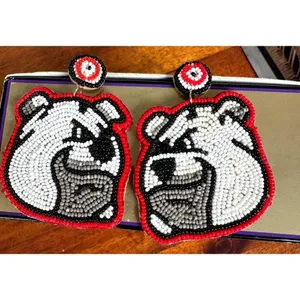Bulldog Earrings UGA Dawgs University of Georgia Beaded Dangle Post New … thumbnail 1