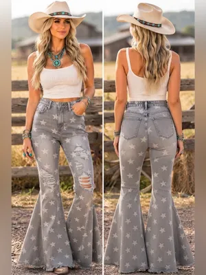 NWT Peach Love California Grey Star Distressed Bell Bottom Jeans Sz M /29 thumbnail 2