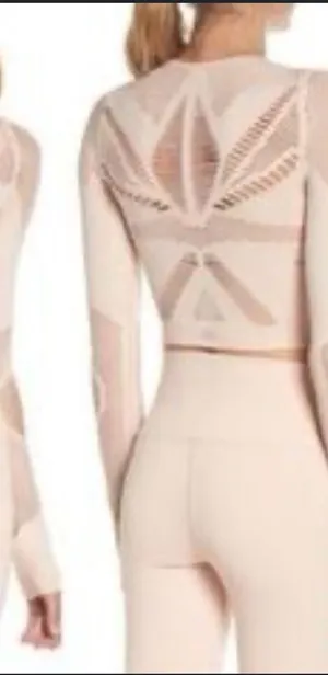 Alo yoga size large pink Cropped Open-Knit Long Sleeve Top in Light Blush thumbnail 1